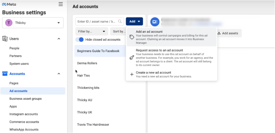 Add an Ad account: facebook business manager